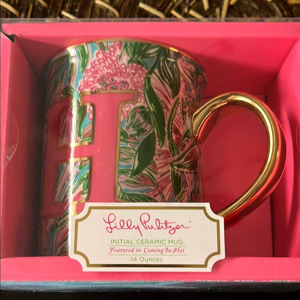 Lilly Pulitzer Pink and Green Floral Mug with Gold Handle, new in box